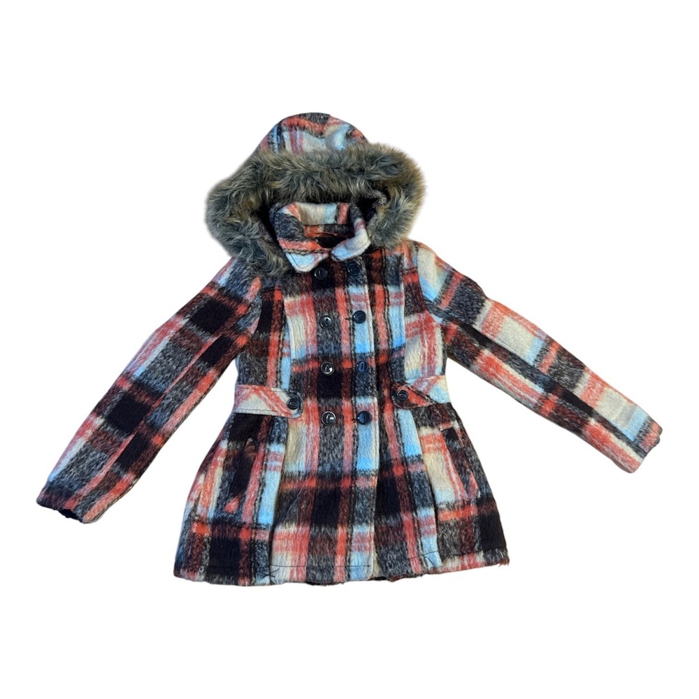 Urban Republic Coat Girls 14 Multicolor Plaid Pleated Faux Fur Hood Pockets